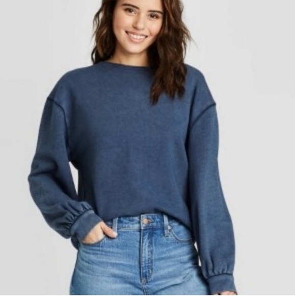 Universal Thread Tops - Universal Thread Women's Puff Sleeve Pullover Blue Casual Minimal Sweatshirt XL